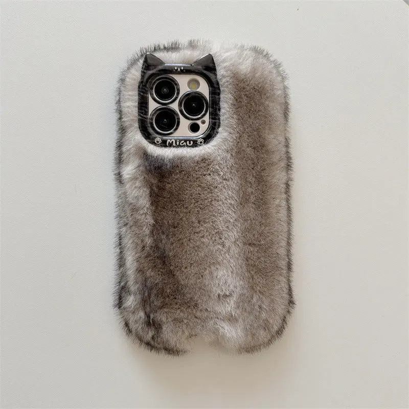 Plush phone case in brown or black, full coverage anti-drop design for iPhone 11 to 17 Pro Max