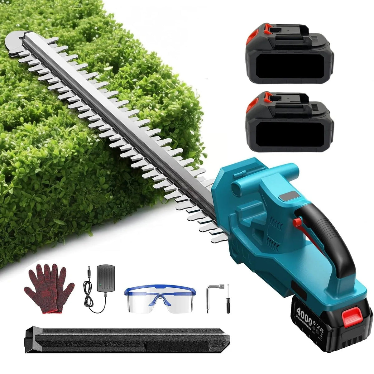 24V cordless lithium battery hedge trimmer with two batteries, charger, gloves, goggles and blade guard