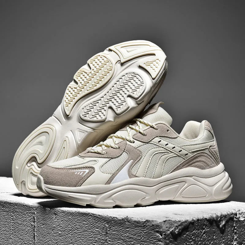 Men's beige and black flat casual sneakers with low heel, shown in sizes 36 to 46.