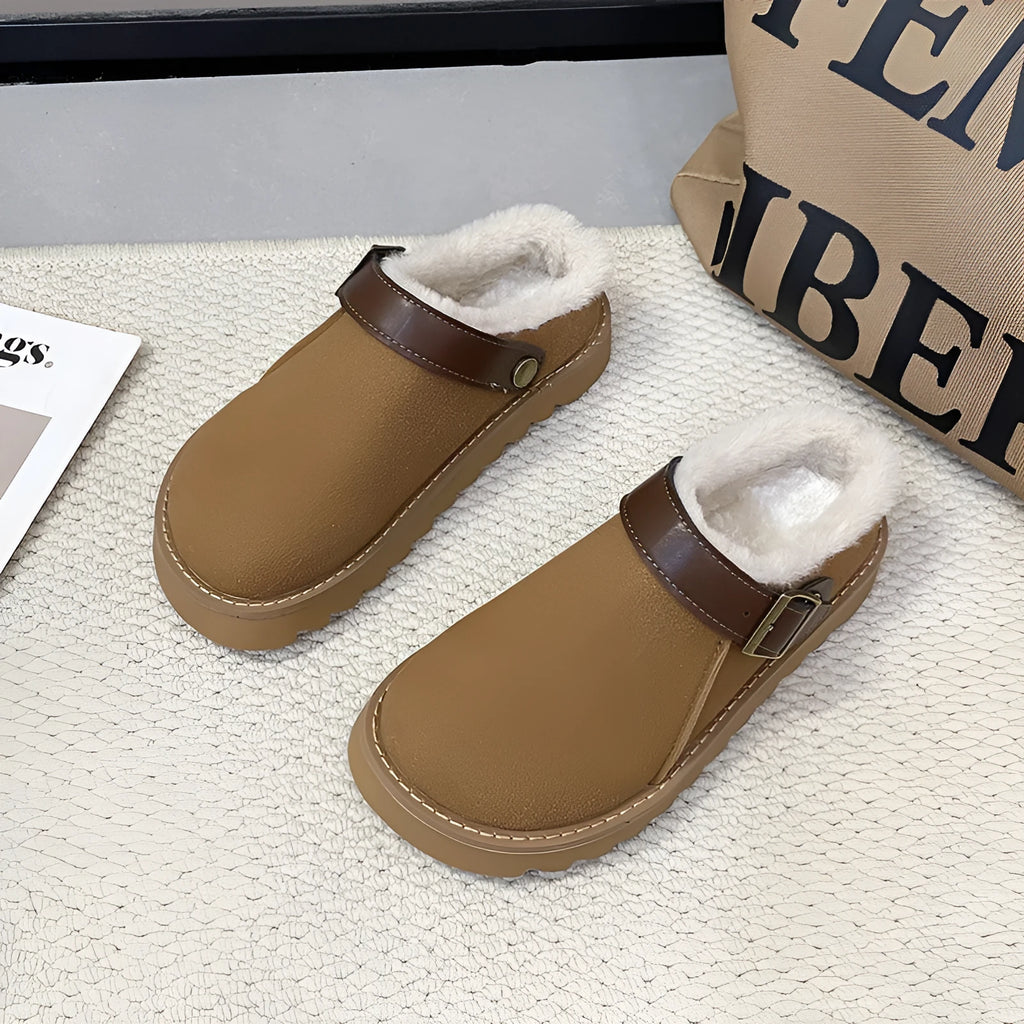 Women's low-top suede snow boots with cotton lining in brown, showing mid heel and rubber sole