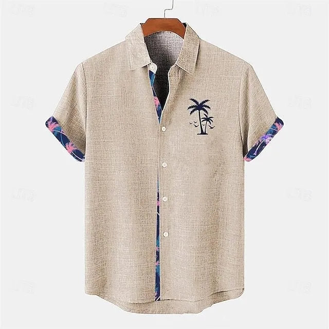 Linen short sleeve shirt with ocean fish pattern lapel in loose fit casual style