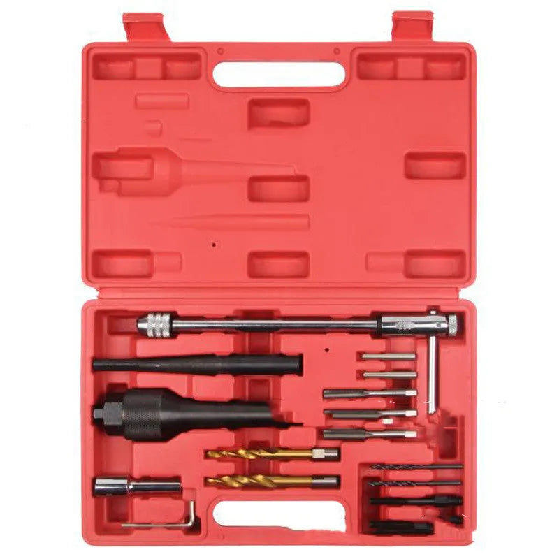 16-piece steel glow plug disassembly tool set with red tools for diesel engine repair