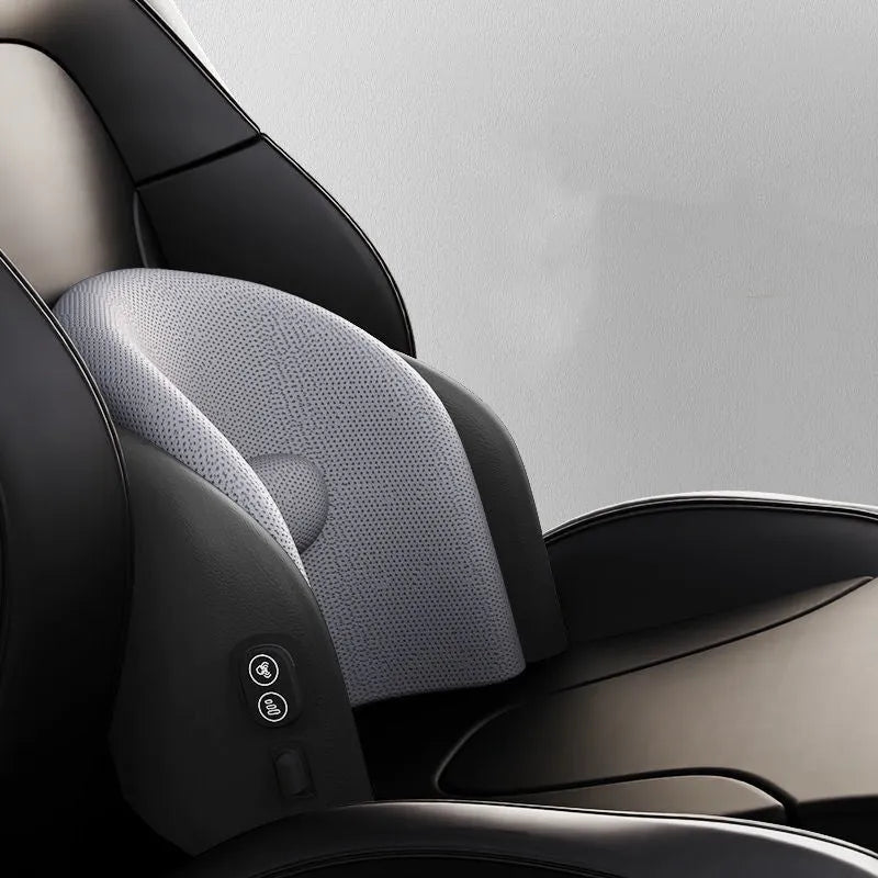 Car seat massage cushion and headrest set made from memory foam in a neutral colour.