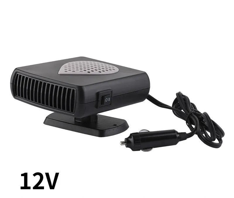 Car demister and defroster with quick-heat fan, 150W, 12V or 24V, black and red or black and grey.