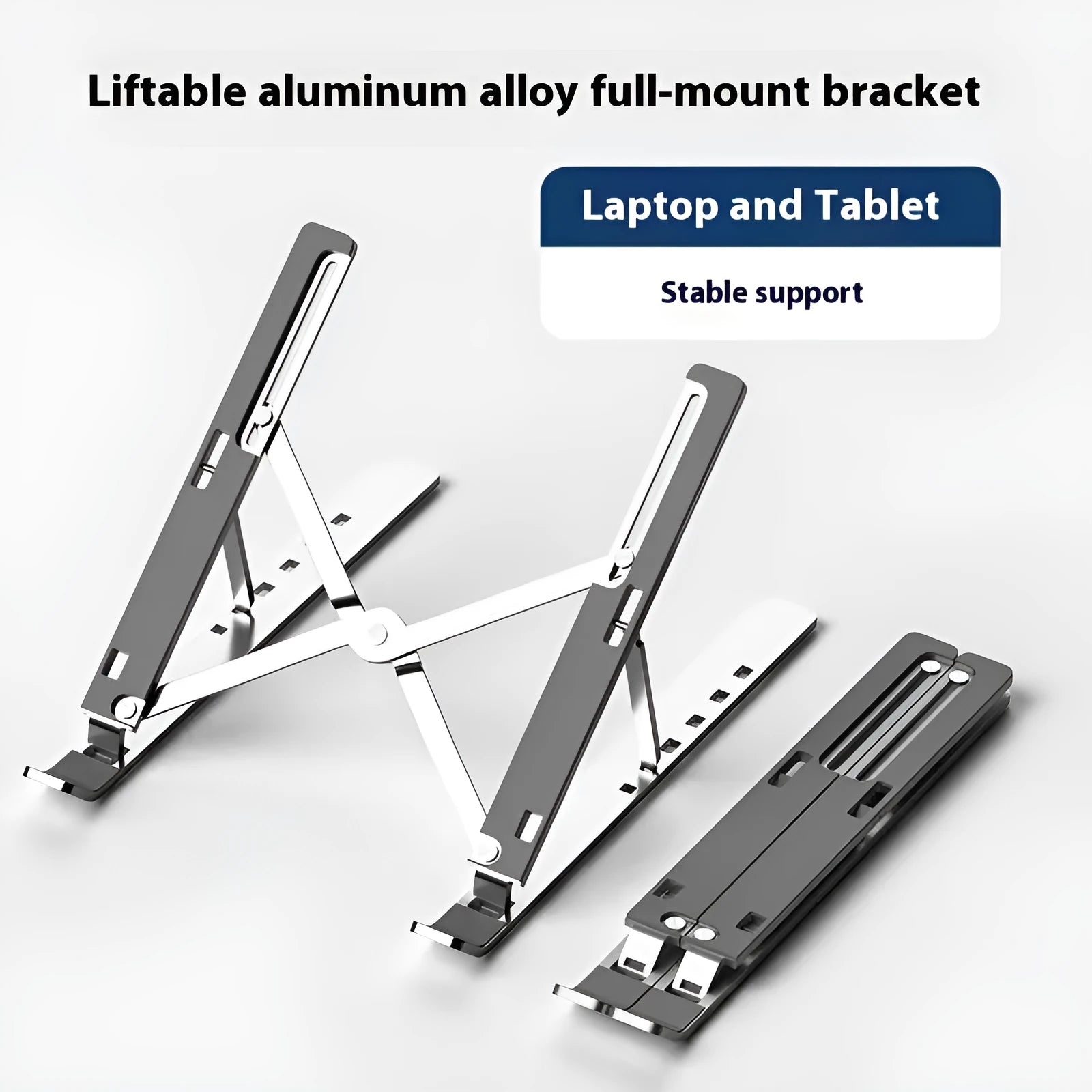 Silver aluminium alloy folding laptop stand open and closed next to a laptop