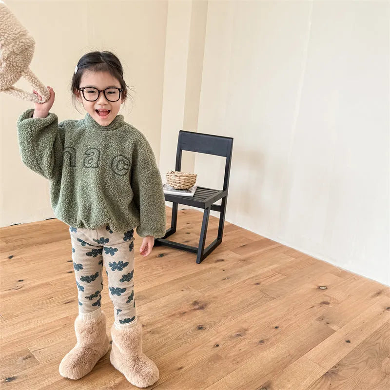 Girls winter leggings in khaki or blue, fleece-lined cotton, high waist, sizes 80cm to 130cm