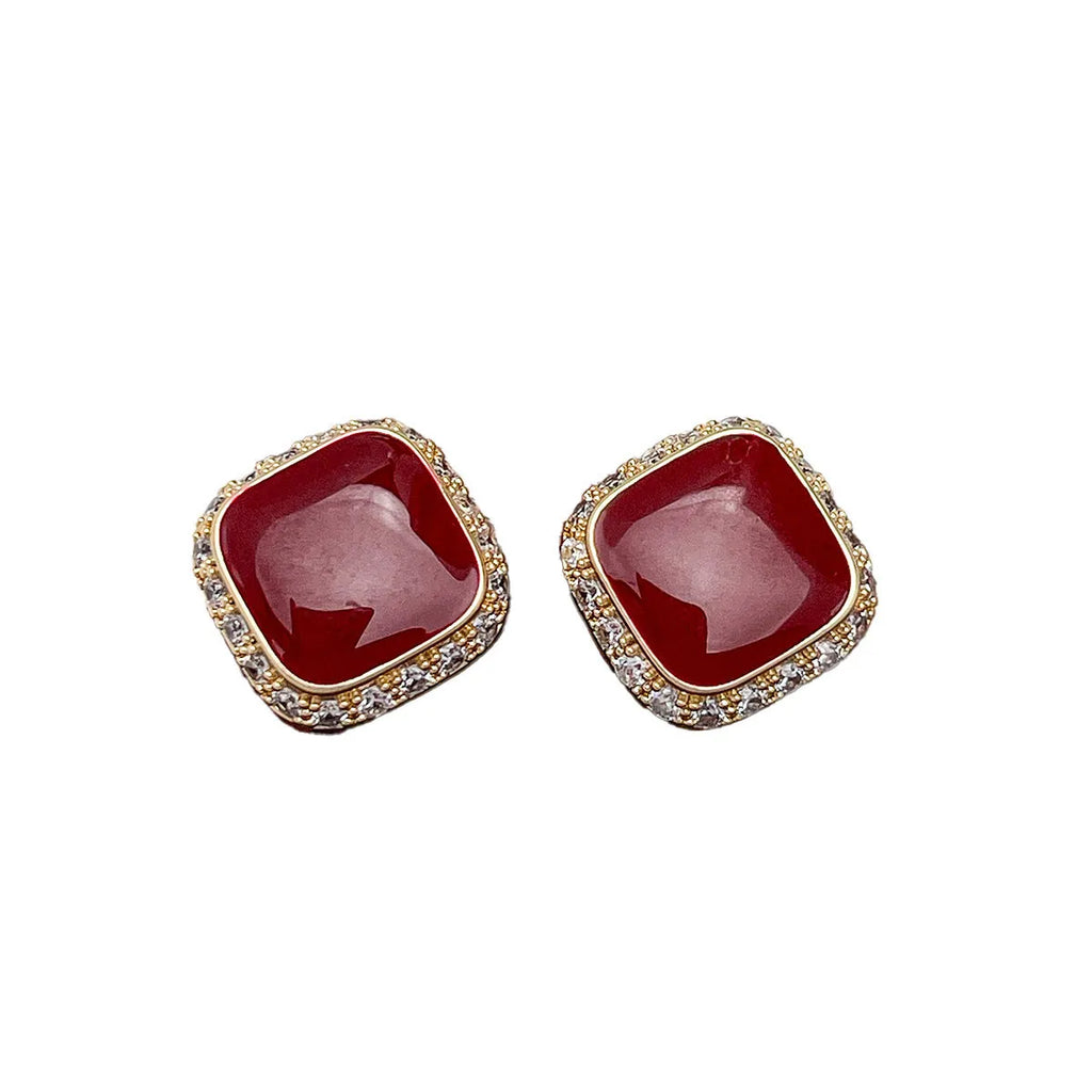 Red square geometric alloy earrings with retro design for women