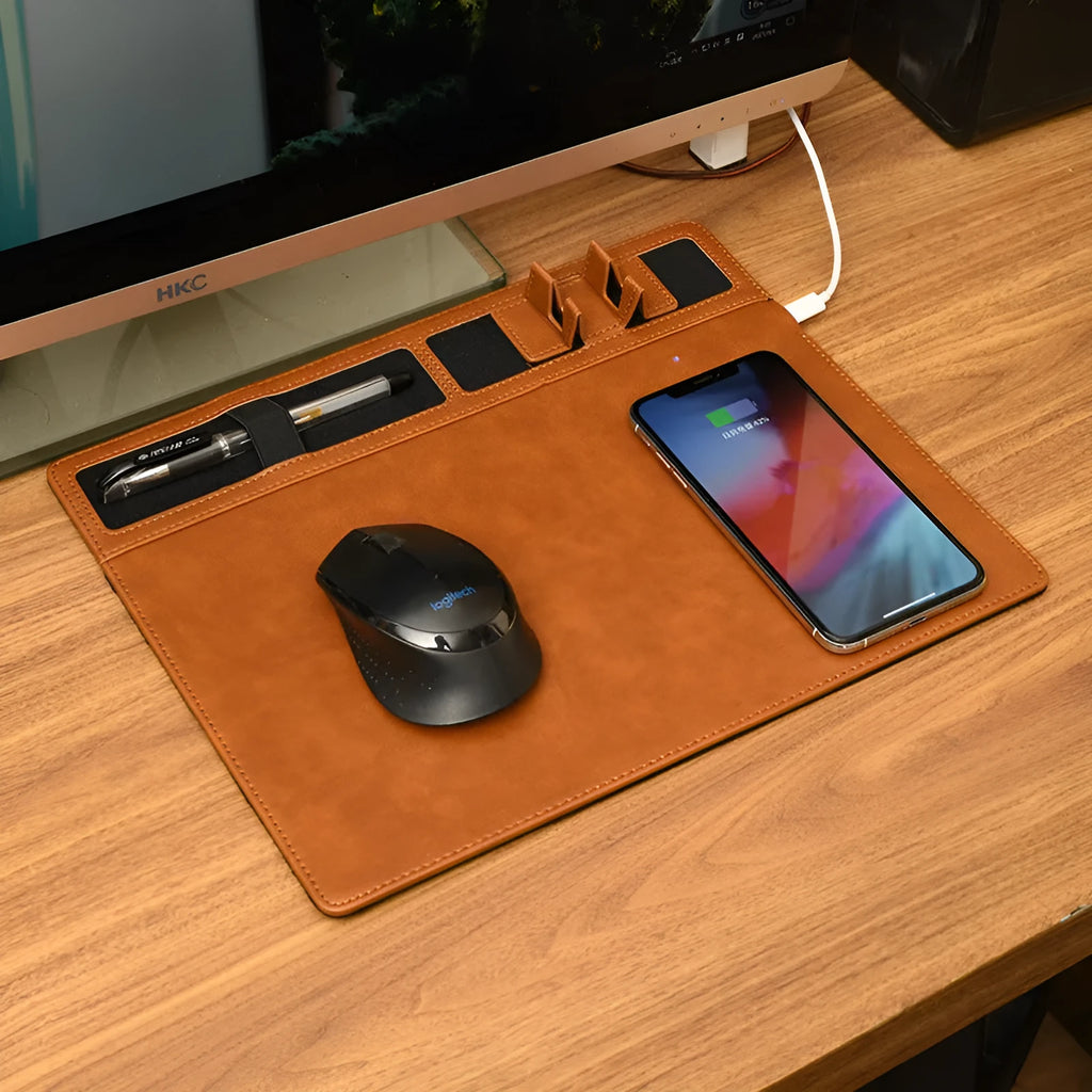 32cm wireless charging gaming mouse pad with phone holder in black, brown, grey, or pink colour options