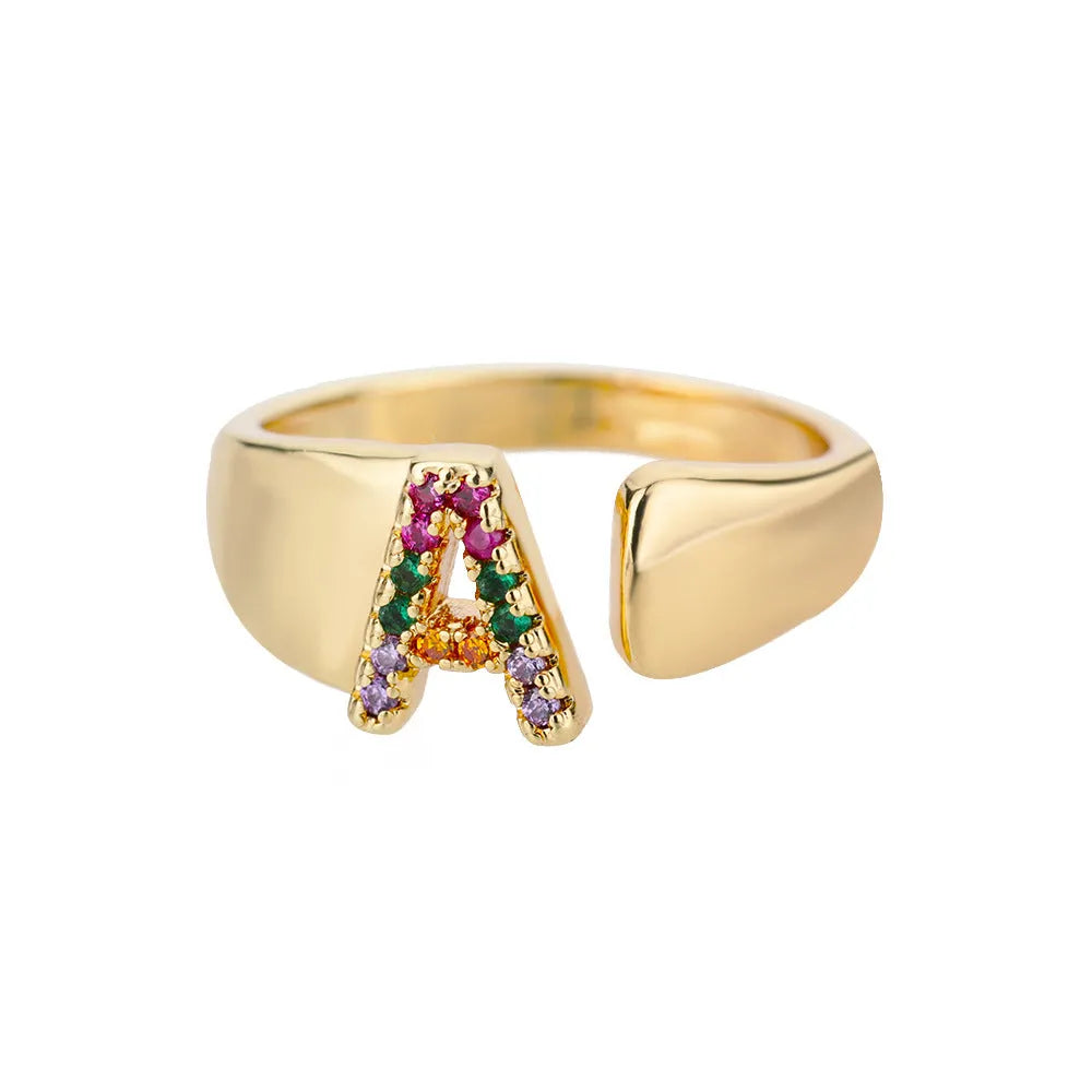 Adjustable copper open ring with coloured zirconium micro-set English letter design