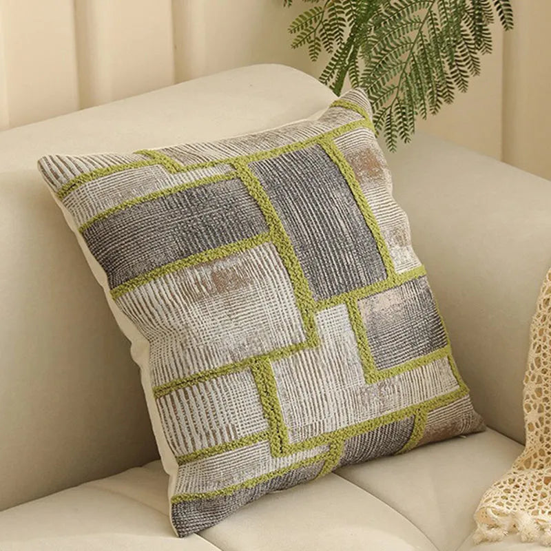 Square Jacquard pillow cover with detailed retro floral pattern on a grey sofa, showing 45x45cm size.