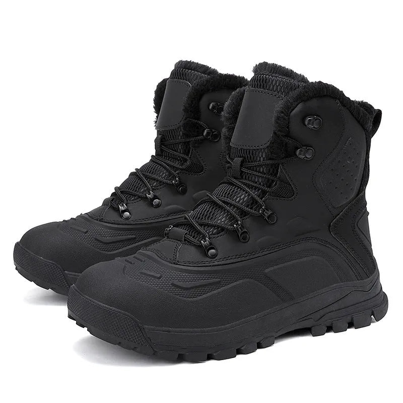 Men's black high-top lace-up boots with fleece lining, shown on a size chart from 39 to 48