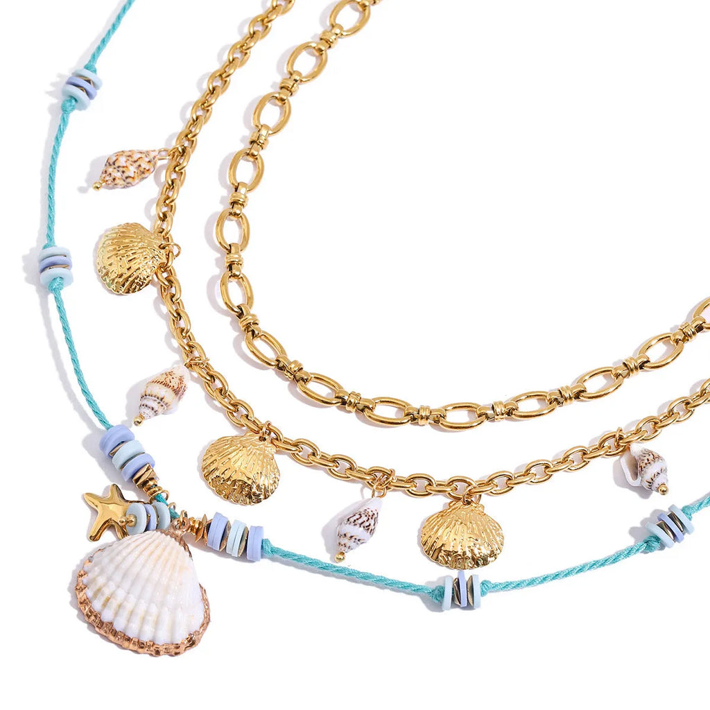 Titanium steel pearl necklace with geometric shell pendant on stainless steel chain