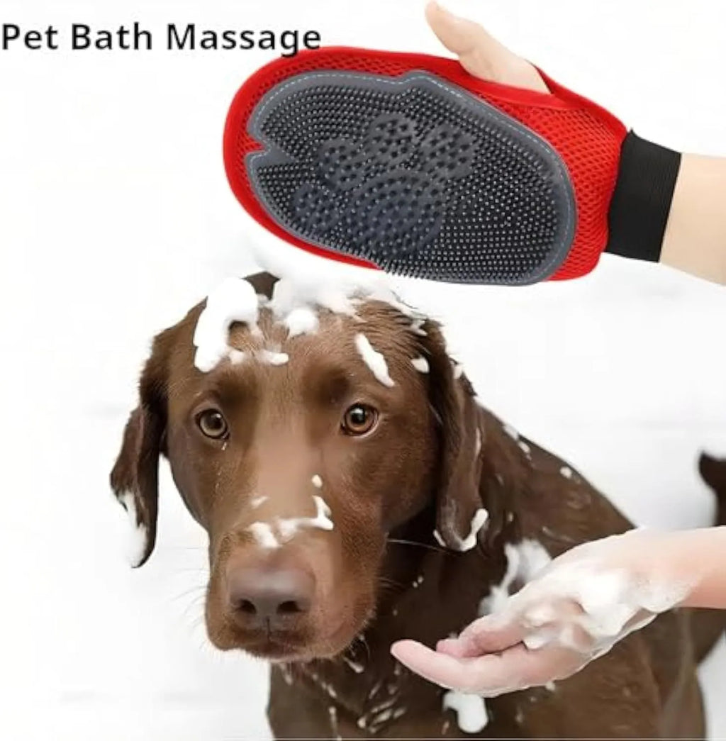 Red pet bathing glove with integrated brush surface for grooming dogs and cats
