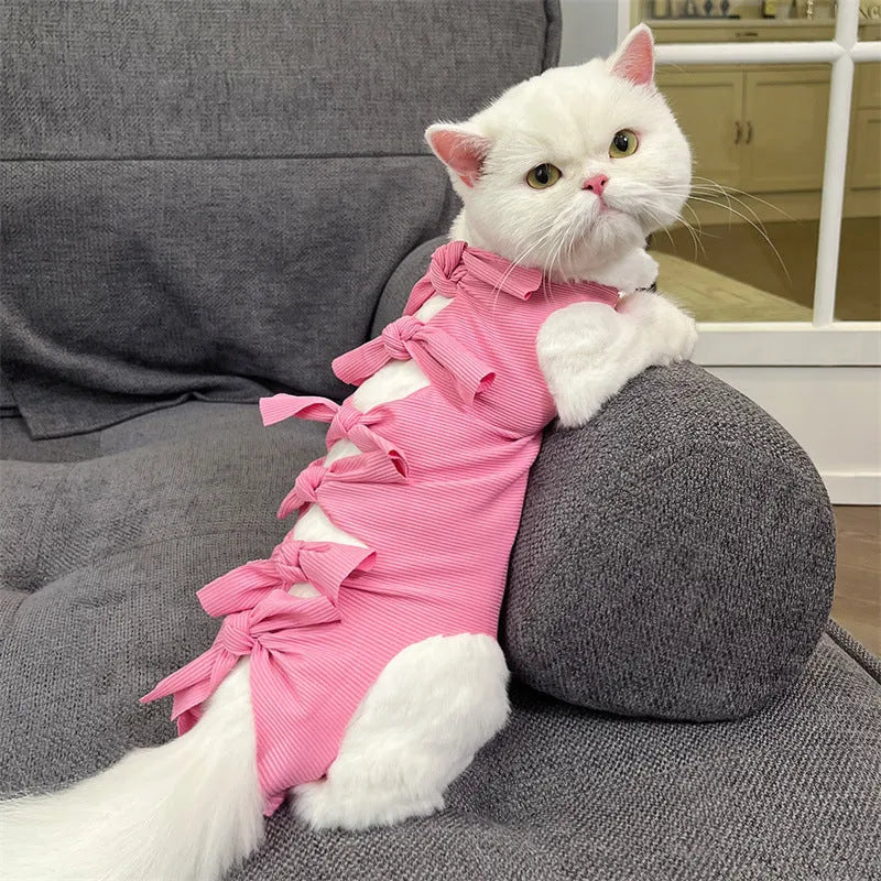 Lace-up cat sterilisation clothing in polyester fabric showing adjustable fastening and available colour options