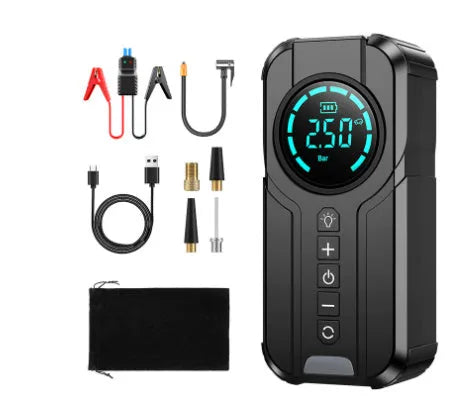 Portable wireless car tyre inflator pump with battery, 12V cable, nozzles, and carry bag on a table
