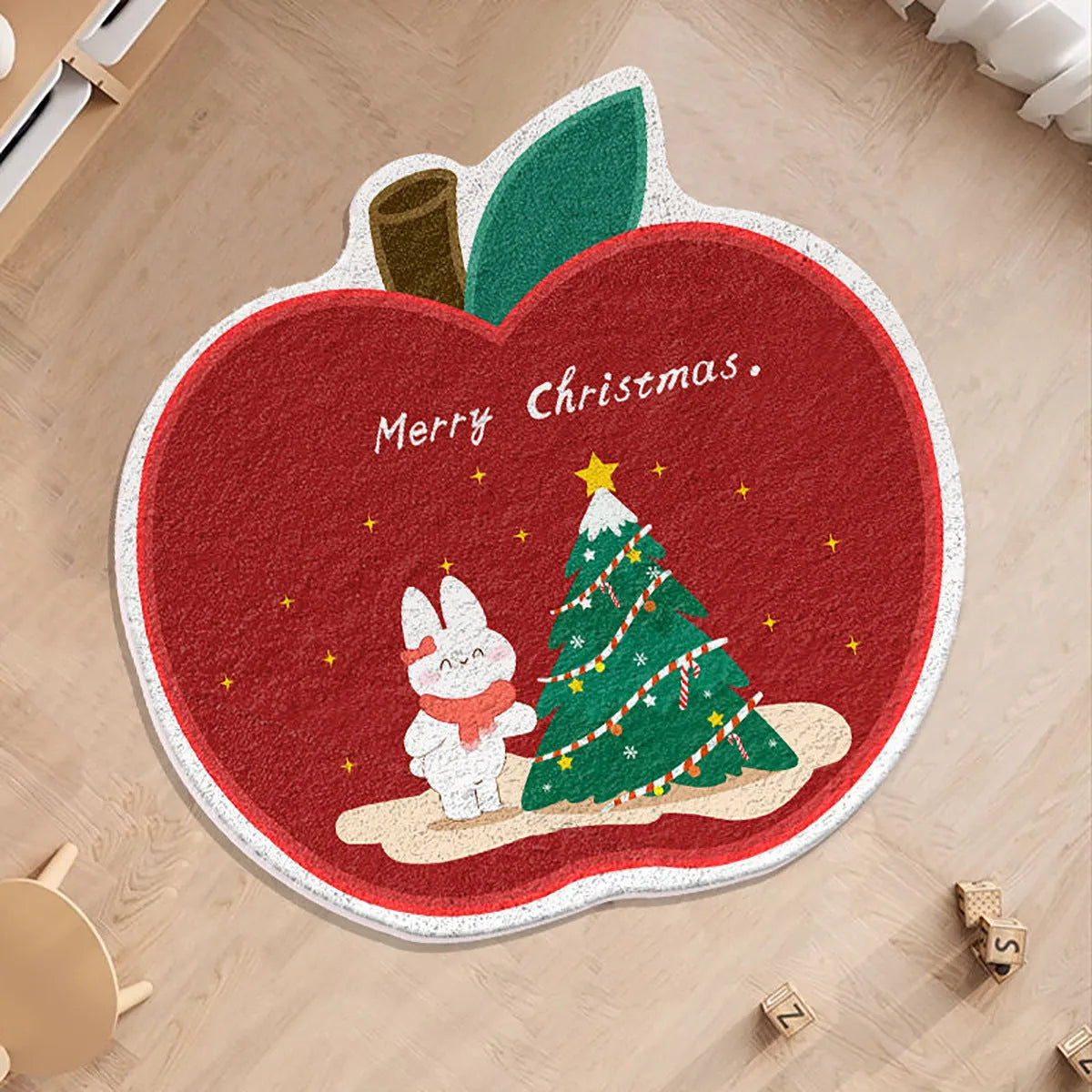 Christmas round carpet with imitation cashmere surface showing festive gingerbread man and tree designs