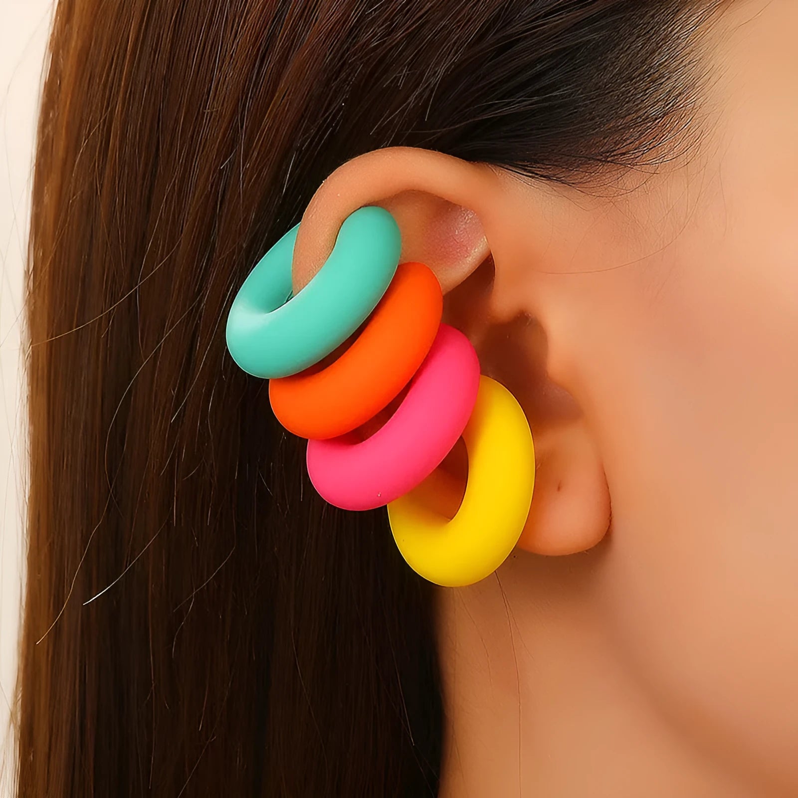 Round C-shaped geometric clip-on earrings with matte finish in various candy colours