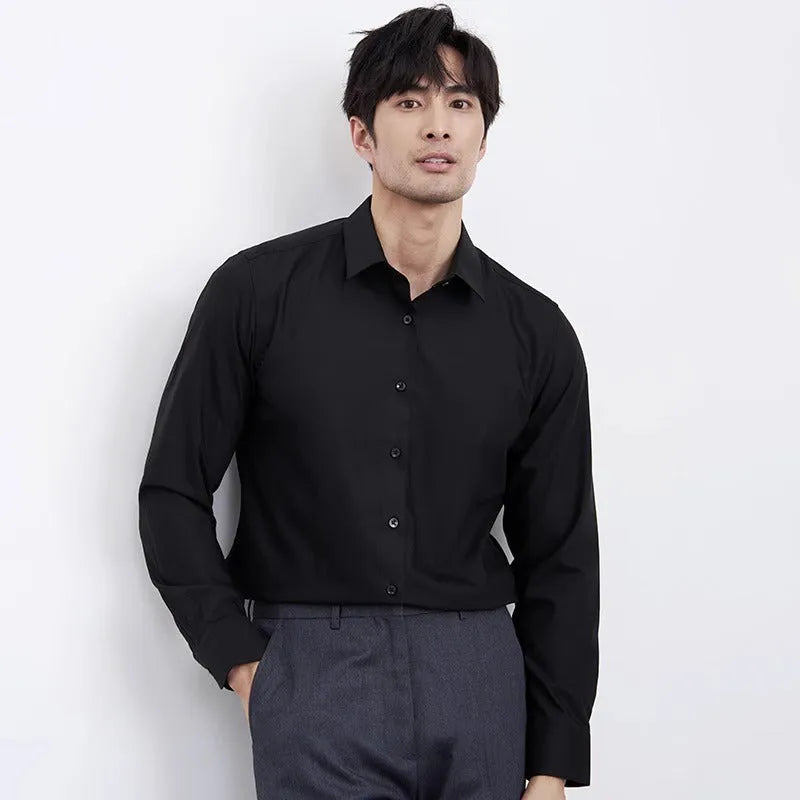 Men's wine red slim fit business casual shirt with non-iron polyester fabric on hanger