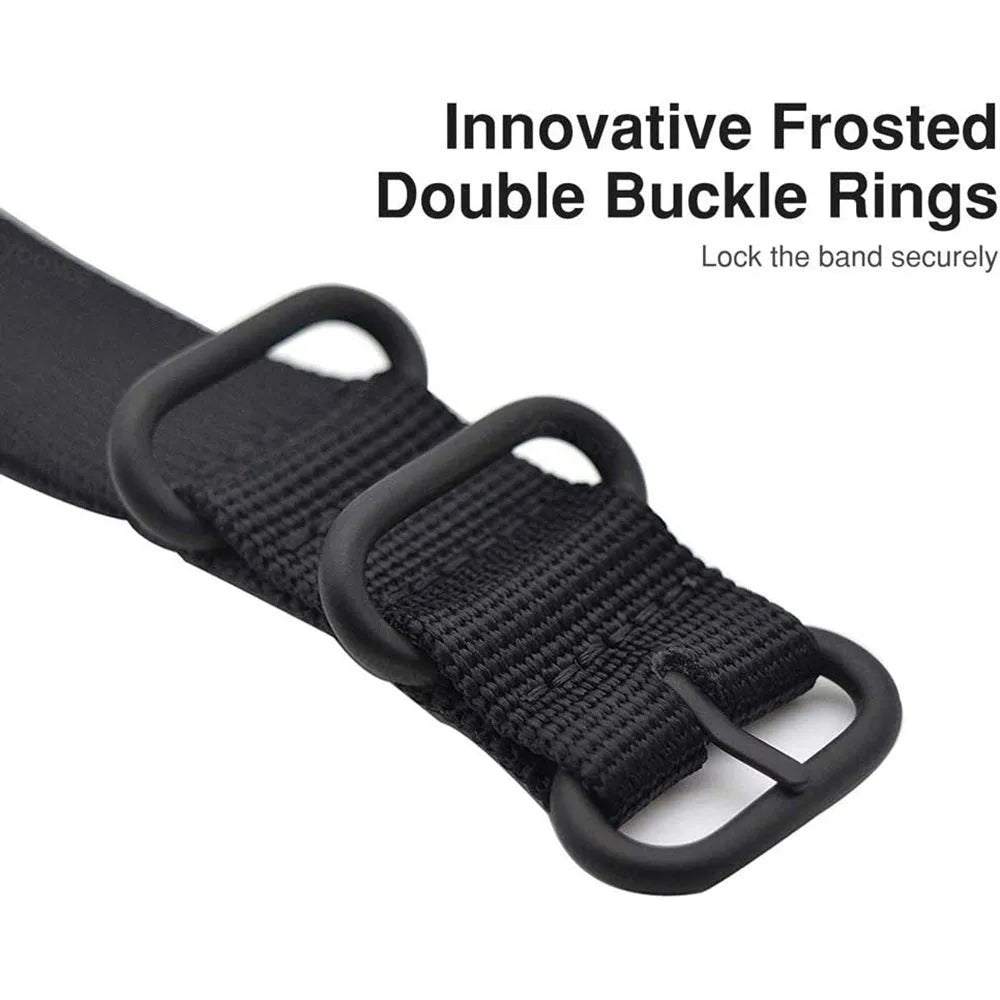 Army Green nylon replacement strap with a three-ring metal buckle for a Fitbit Charge 3 or Charge 4 fitness tracker.