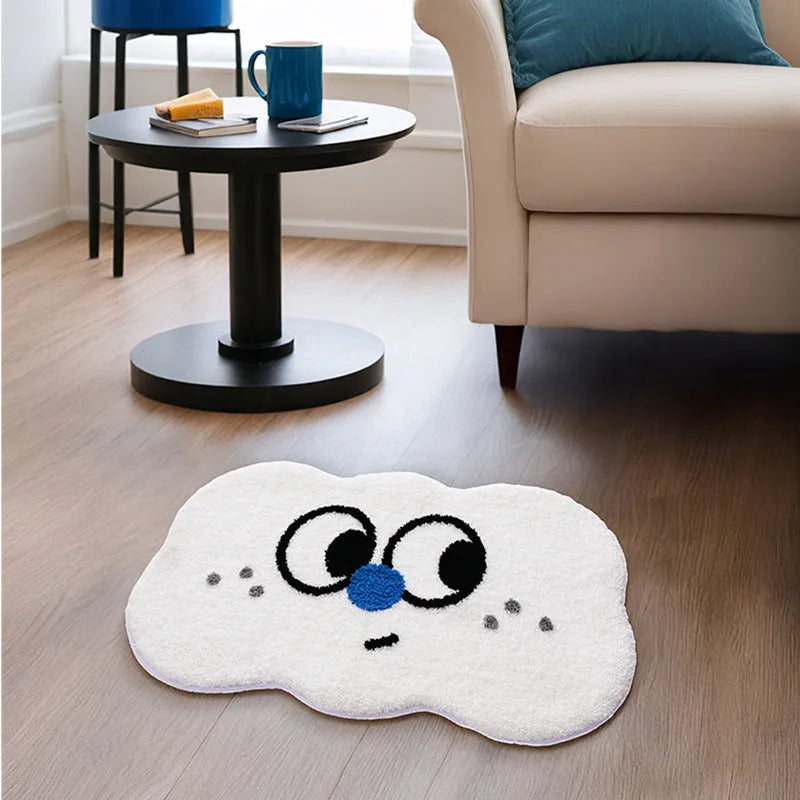 Big Eye Clouds cartoon anime bathroom mat in soft green, shown on a tiled bathroom floor.