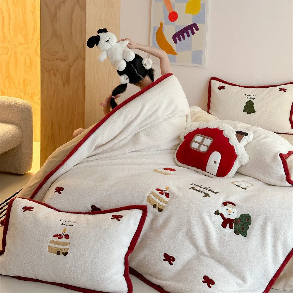 Christmas cartoon bedding four-piece set with xuefu milk pastry pattern on thickened polyester fabric