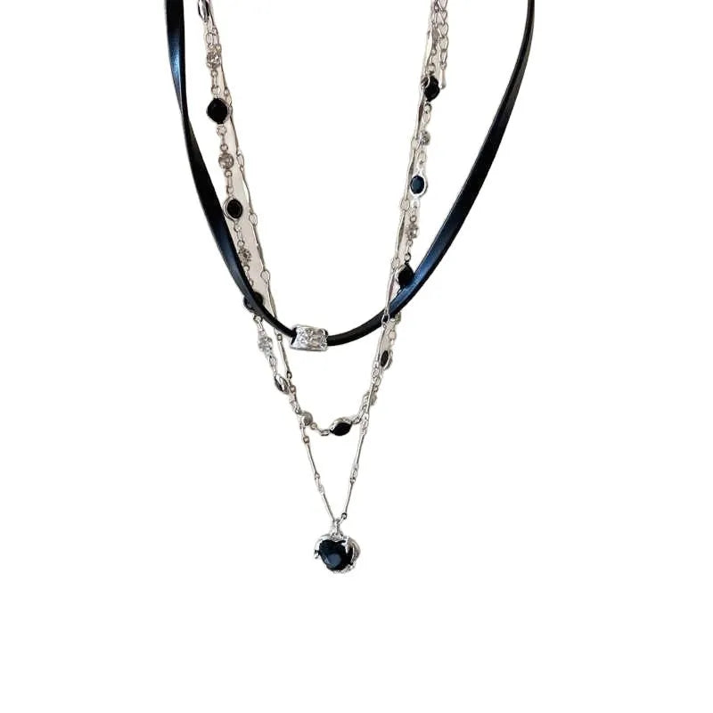 Women's multi-layer twin necklace with alloy heart pendant and adjustable leather clavicle chain