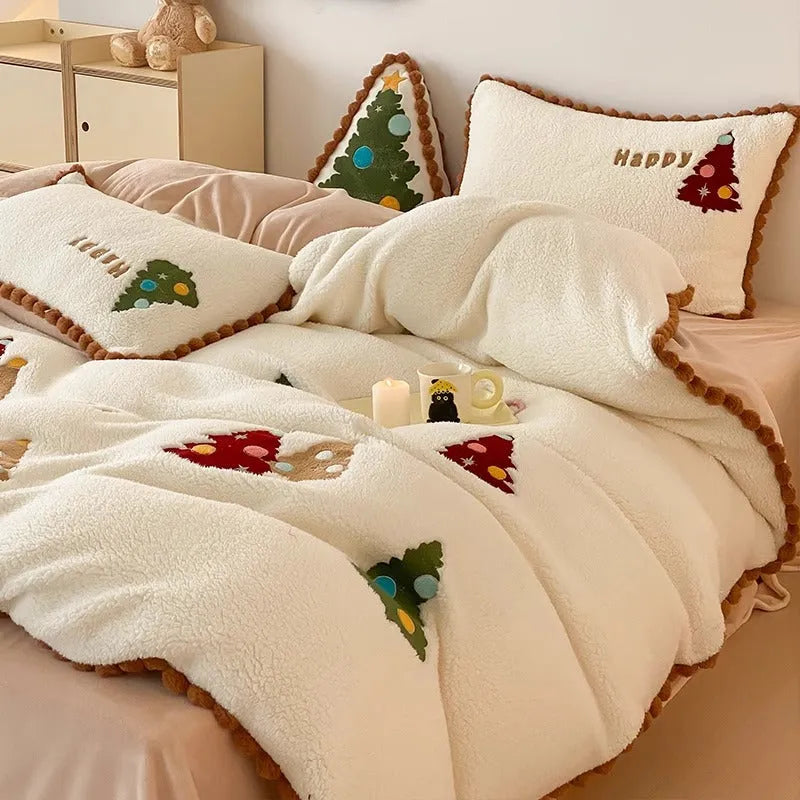 Bright yellow fleece-lined bedding set with winter Christmas cartoon animation pattern