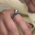 Geometric open copper ring for women with a black pearl style and adjustable opening