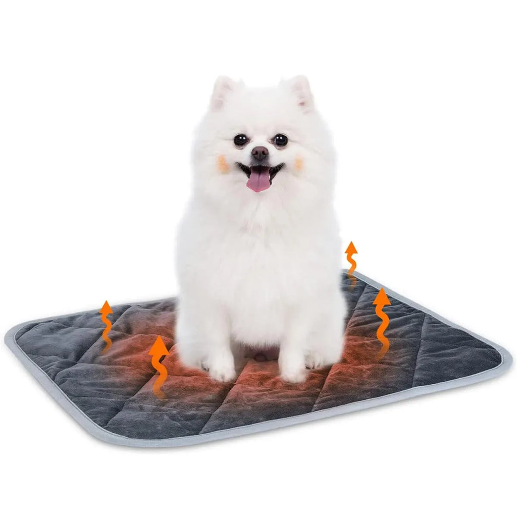 Grey cloth pet cushion shown in a range of four sizes on a wooden floor.