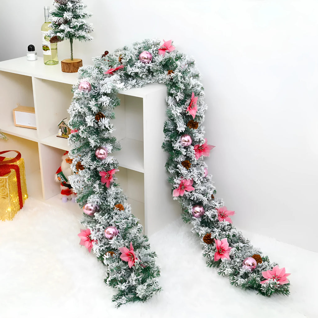 American-style red flocked PVC rattan Christmas garland decoration draped over a mantelpiece.
