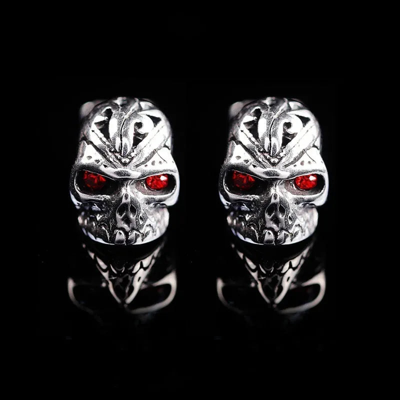 Personalised skull stud earrings with ghost head design and red eye detail