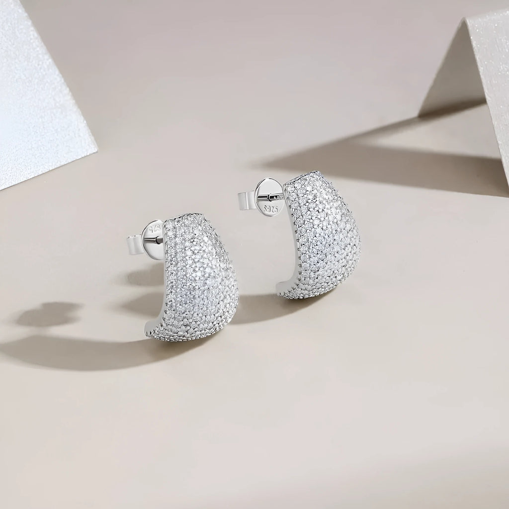 Geometric women's ear studs in sterling silver with moissanite stone accents