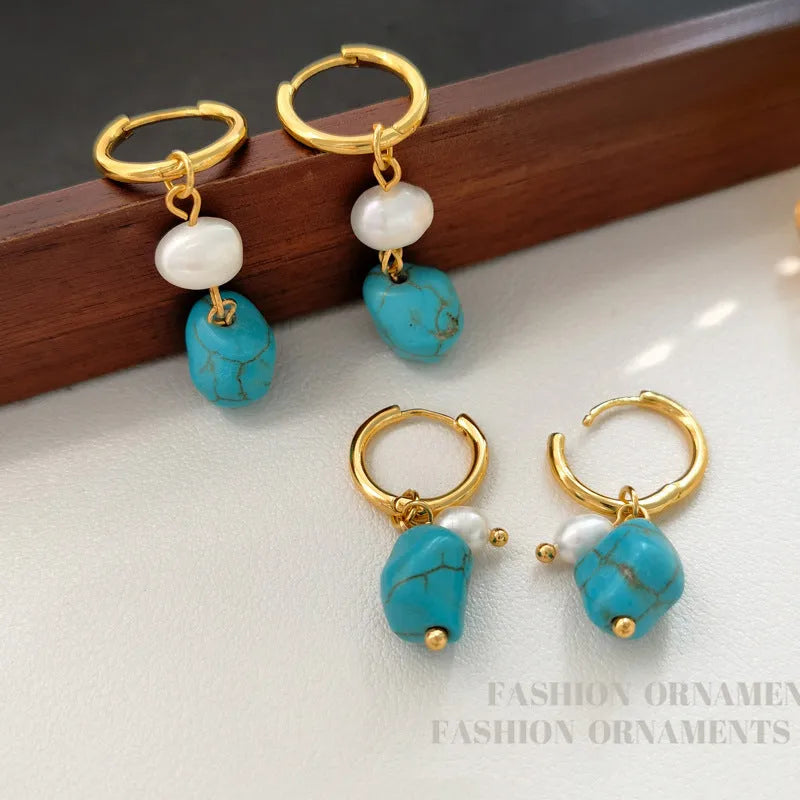 Copper geometric earring set with irregular turquoise stones and cultured pearls, showing both short and dangle drop styles.