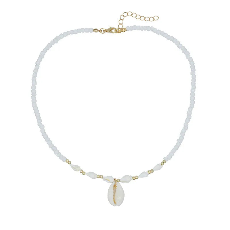 White conch shell bead necklace with a mother-of-pearl pendant on a regular chain.
