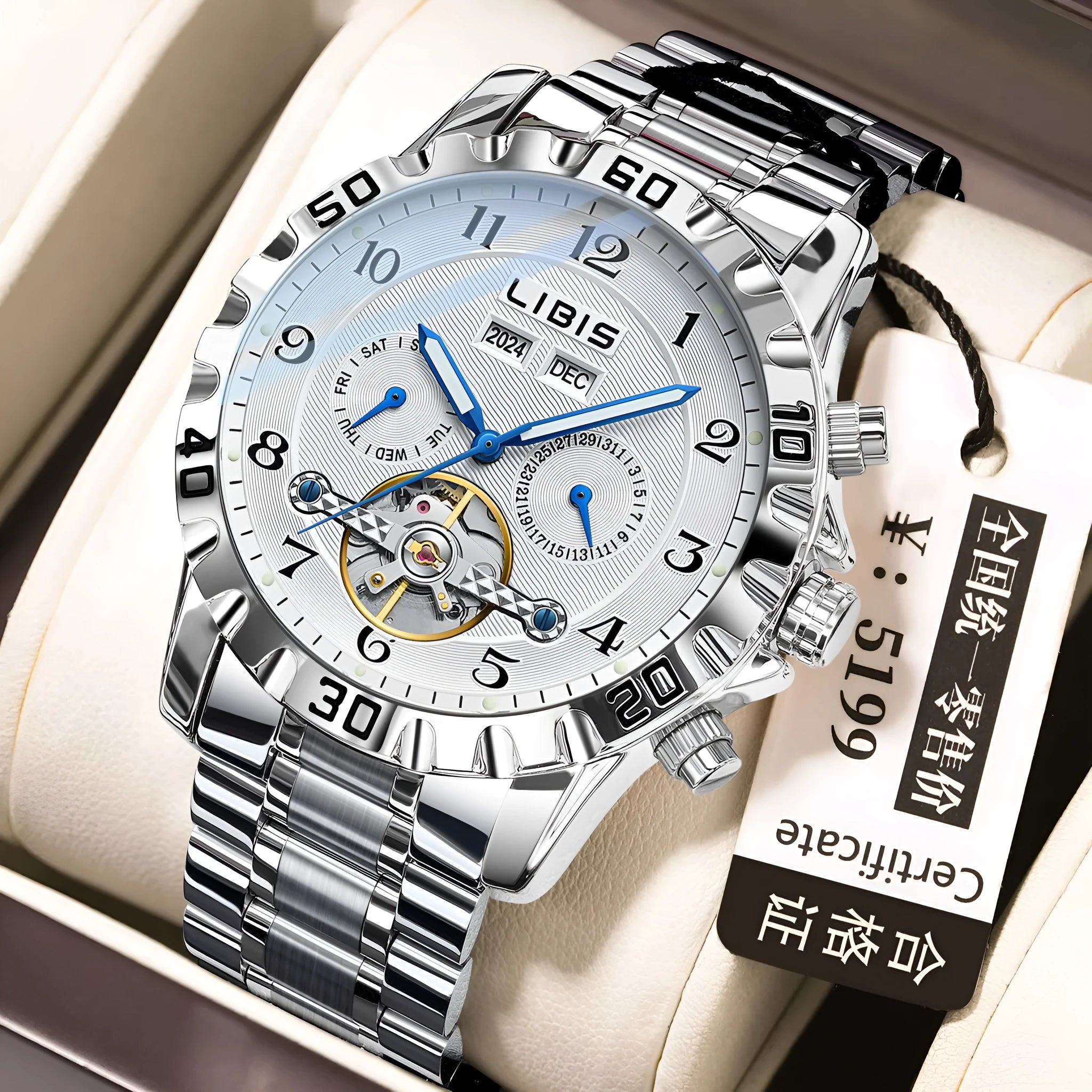 Men's silver automatic perpetual calendar mechanical watch with stainless steel strap and sapphire crystal glass