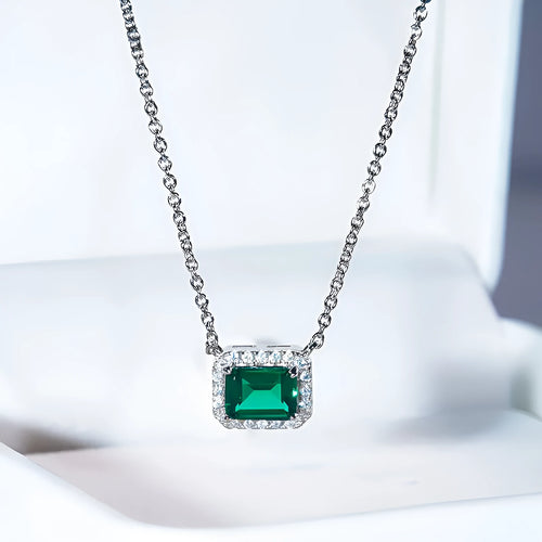 925 sterling silver necklace with green quadrilateral pendant, cross chain style, platinum electroplated finish