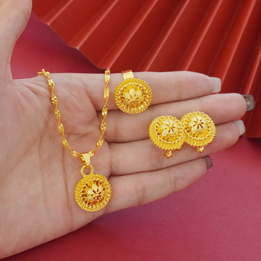 Gold-plated three-piece jewellery suit with three-layer flower design pendant, earrings, and ring on water wave chain