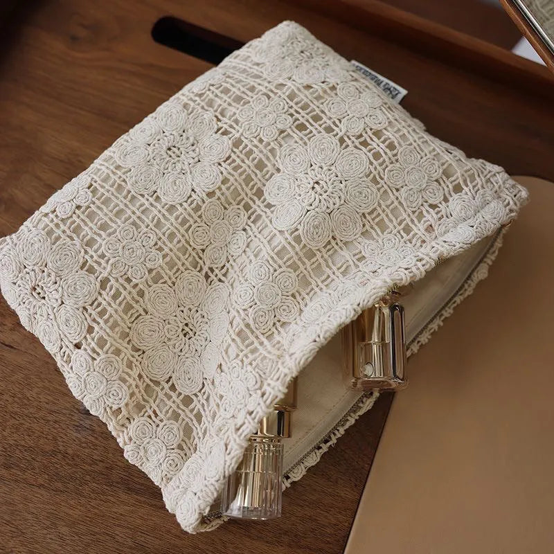 Handmade crocheted corduroy cosmetic bag with hollow flower embroidery ethnic design