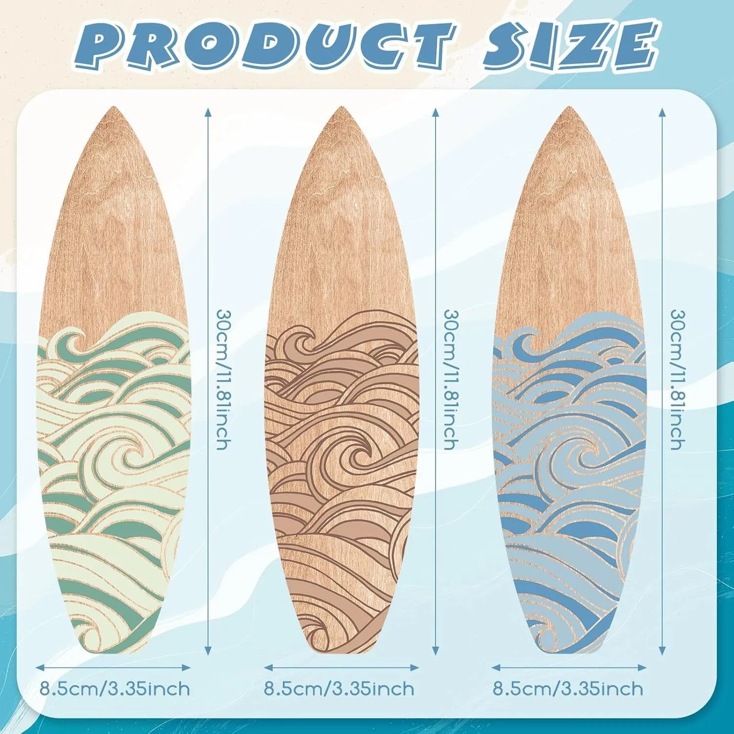 Three wooden surfboard wall decorations in natural boxwood finish, each measuring 8.5cm by 30cm
