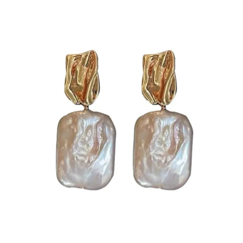 Natural freshwater pearl square stud earrings with geometric quadrilateral shape and alloy setting