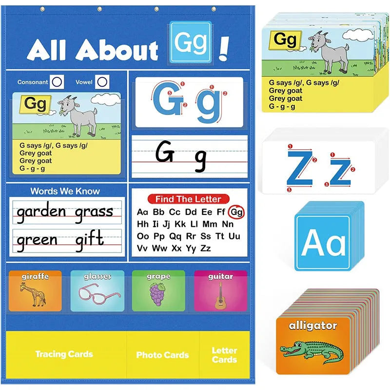 Alphabet learning sleeve table chart with educational cards displayed on 60x40cm surface