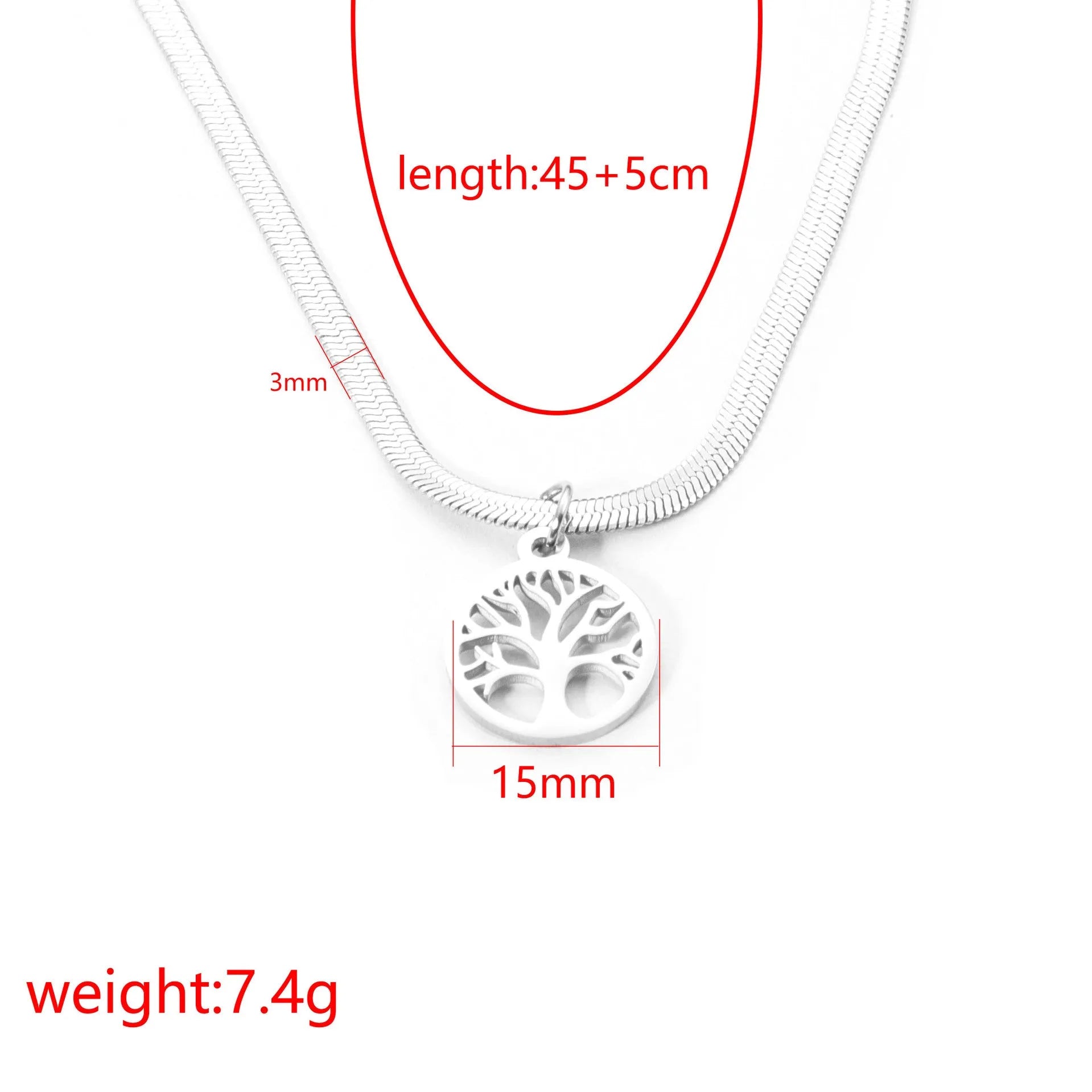 Stainless steel lucky tree pendant necklace on a snake bones chain, shown in gold and steel colour options.