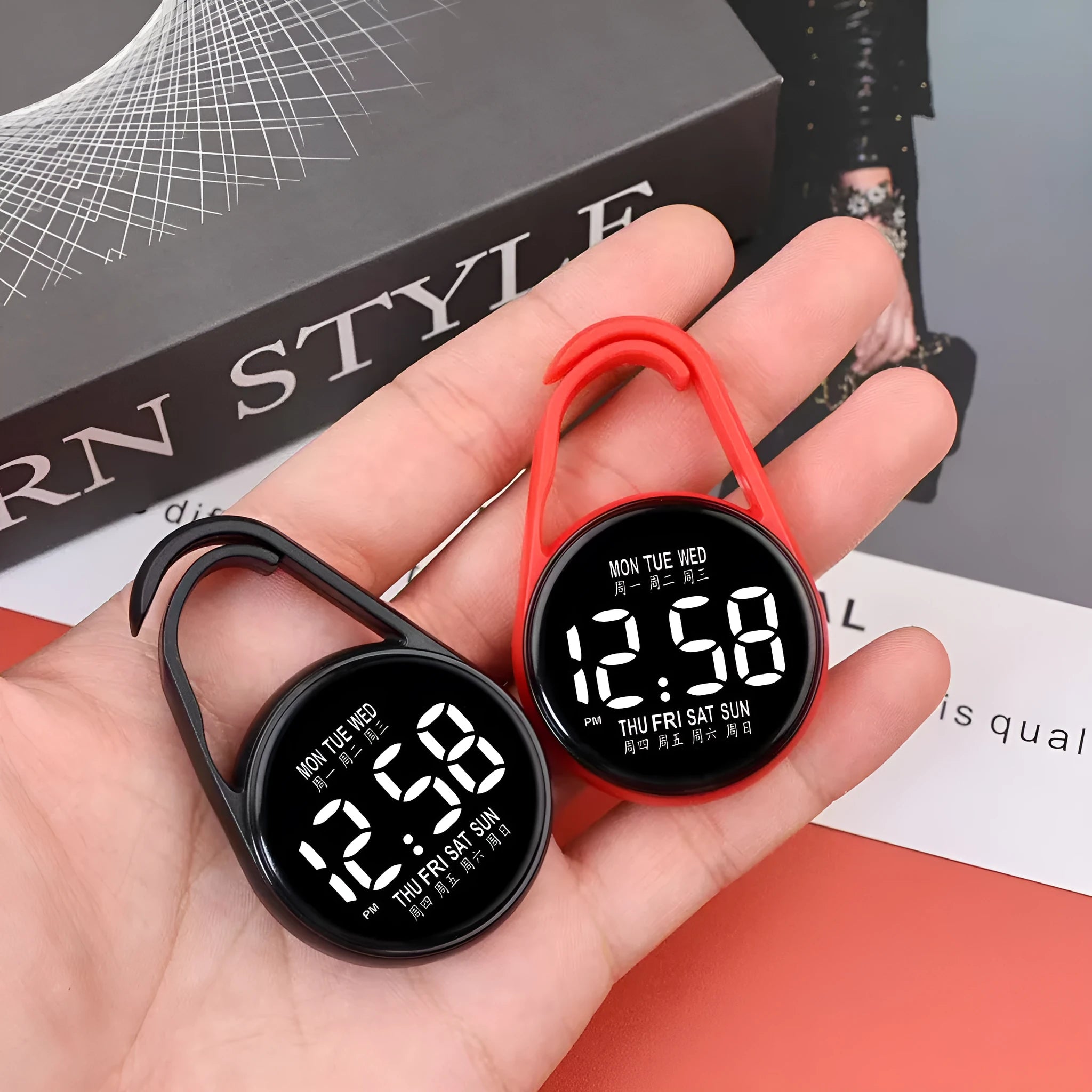 LED luminous digital watch with plastic strap in selected colour, showing number display on plastic mirror.