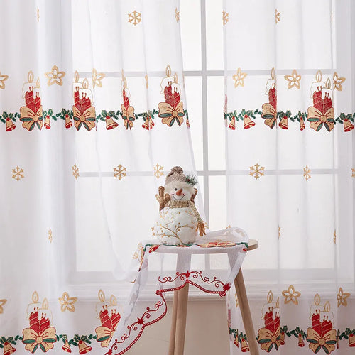American-style Christmas curtain with white embroidered snowflake design on red polyester fabric.