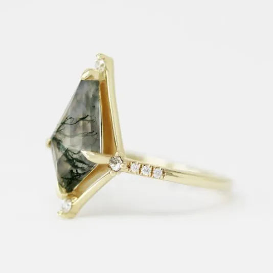 French Entry Lux vintage water plants agate ring quadrilateral silver and gold plating women ring Meidu size