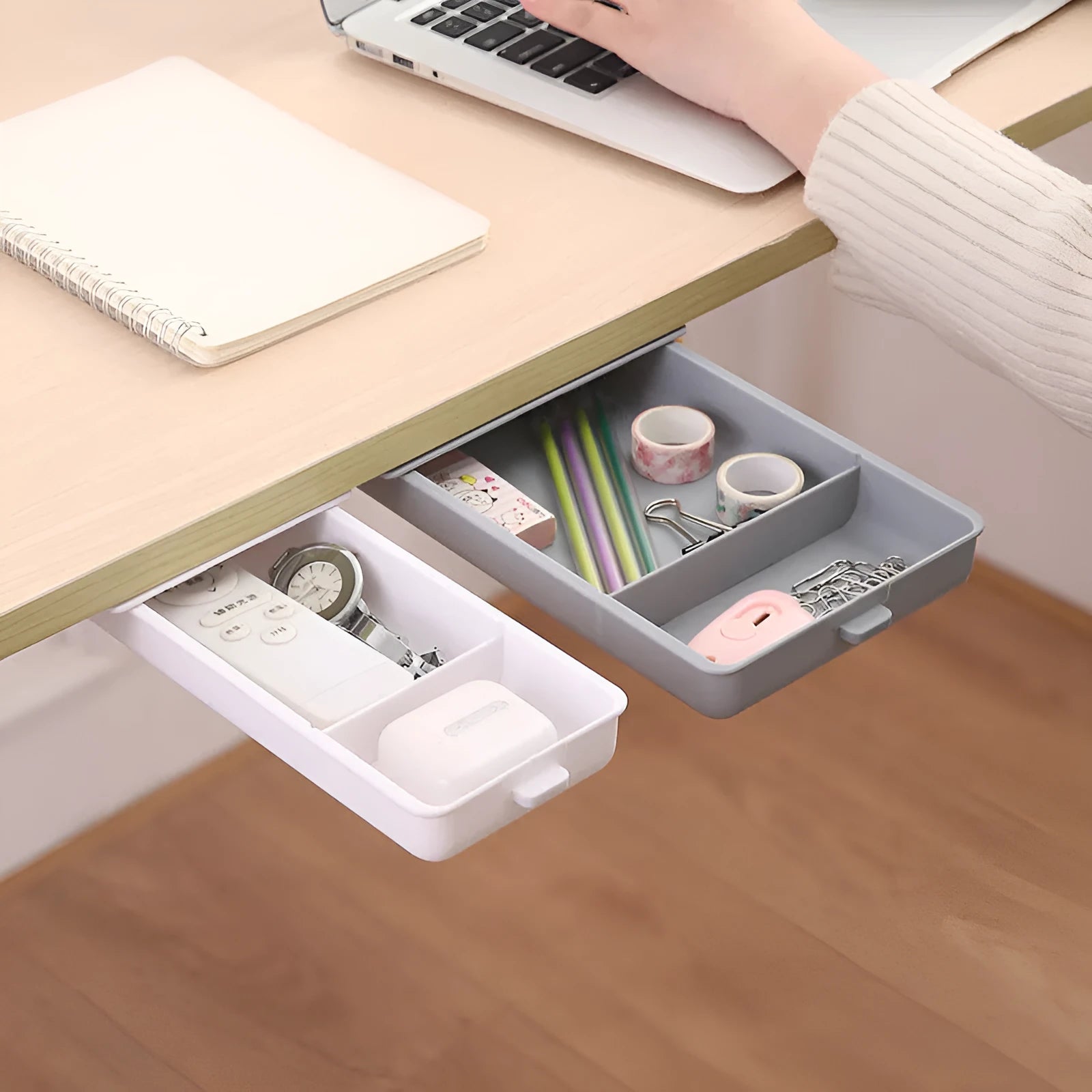 Plastic under table storage box with covered design and internal grid compartments