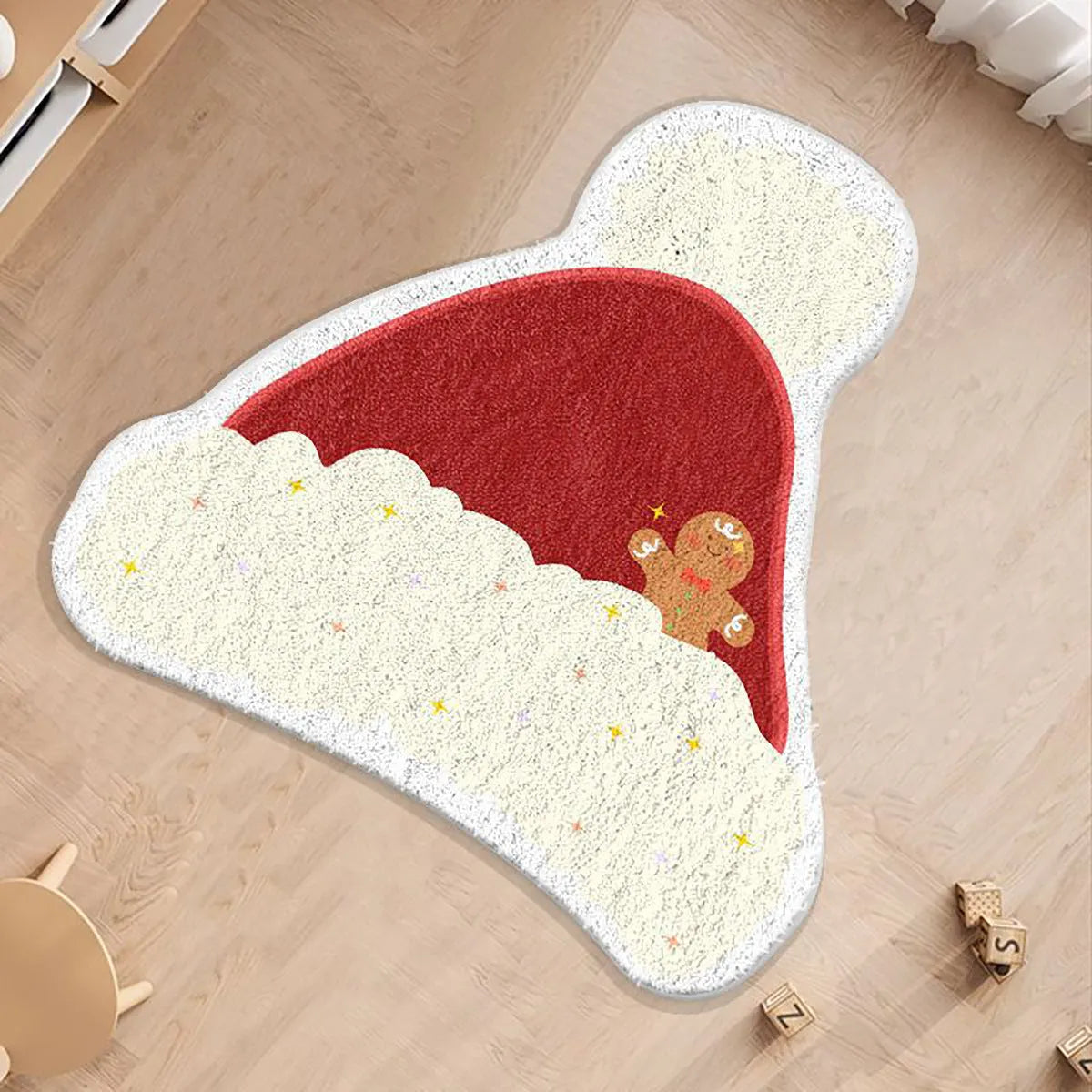 Christmas round carpet with imitation cashmere surface showing festive gingerbread man and tree designs