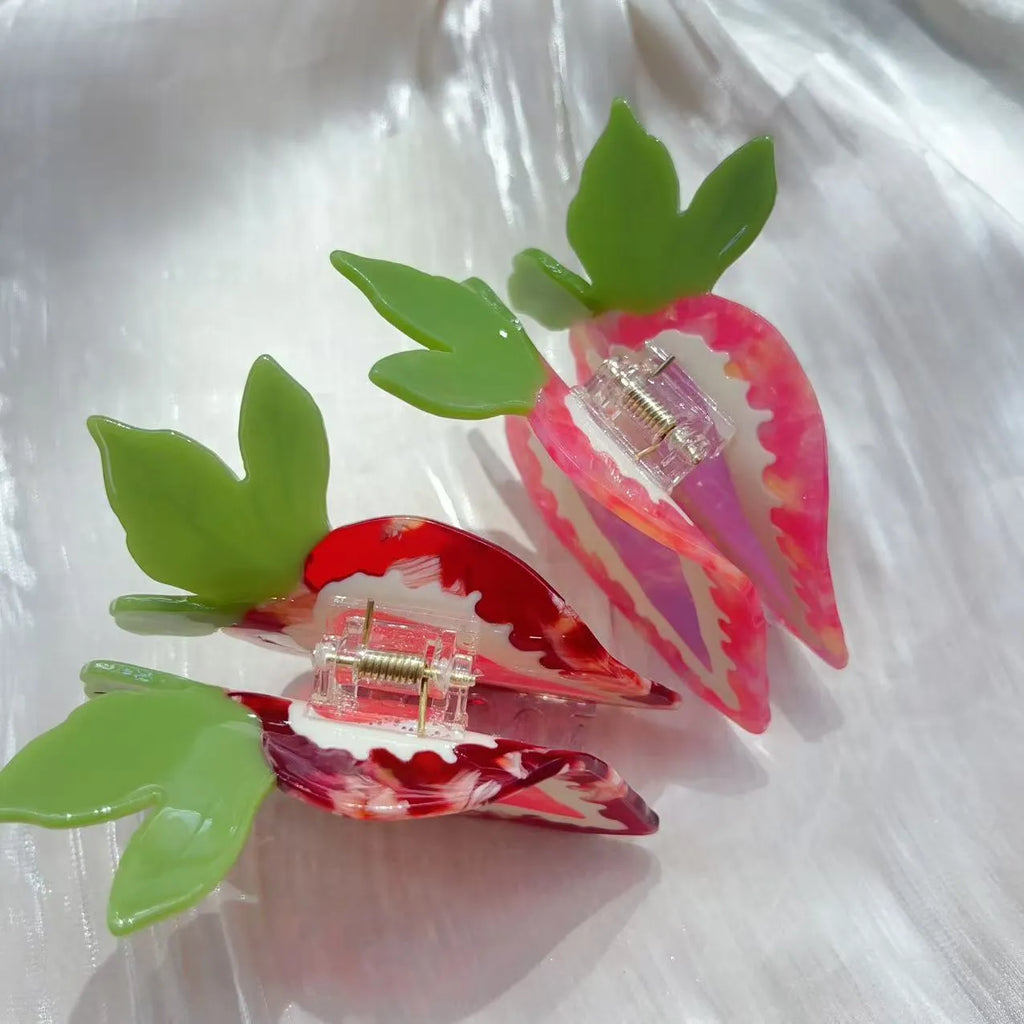 Handmade strawberry charm hairpin in pastoral style, shown in red and pink colour options.