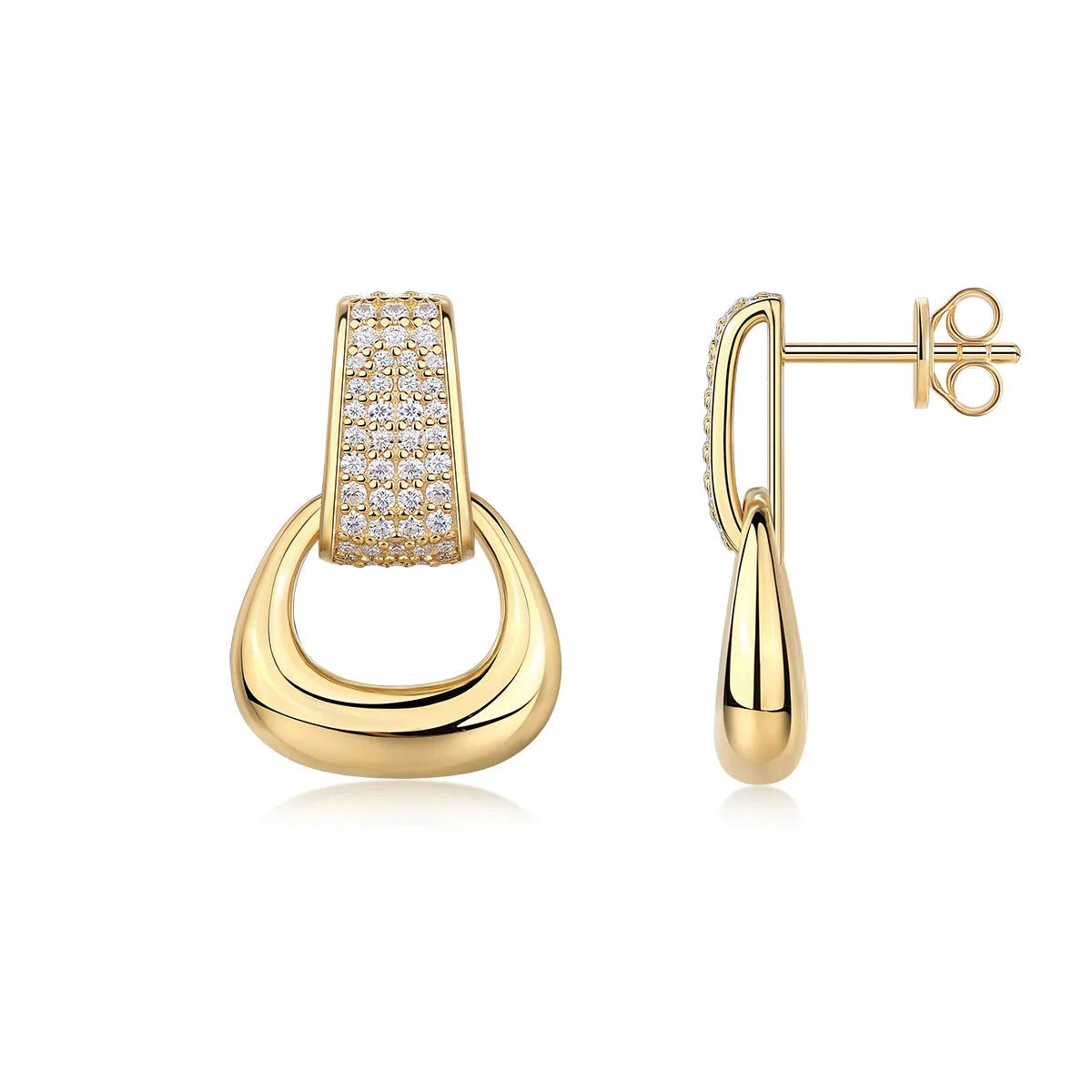 Pair of silver moissanite stud earrings with geometric shape and round popular element