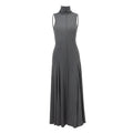 Grey women's slim-fit dress with half turtleneck, backless design, high waist, and sleeveless cut